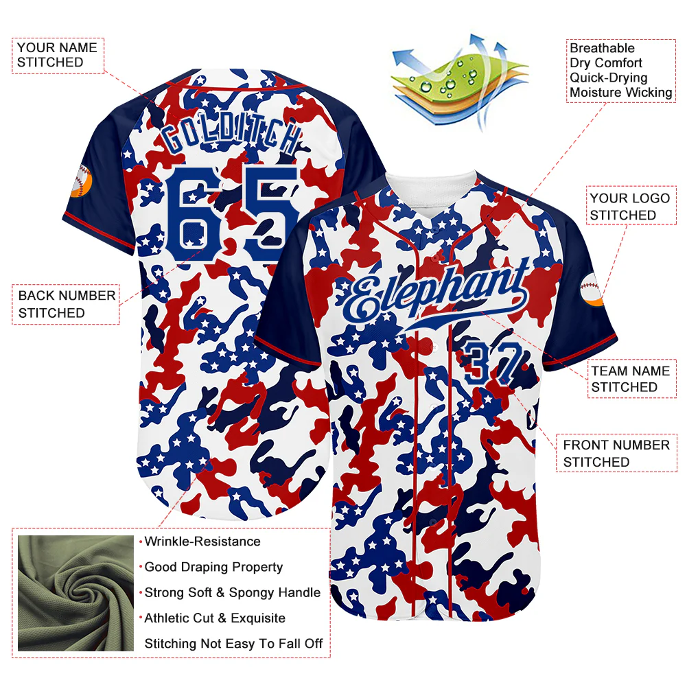 Custom White Royal Red-Navy Camo American Flag Patriotic Raglan Sleeves Authentic Baseball Jersey - Image 3