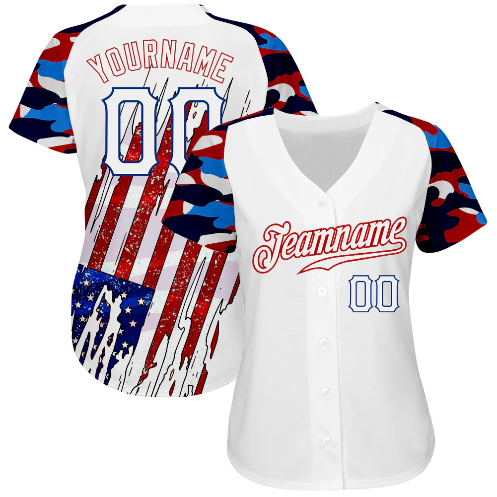 Custom White Red-Royal Patriotic American Flag Camo Raglan Sleeves Authentic Baseball Jersey - Image 2