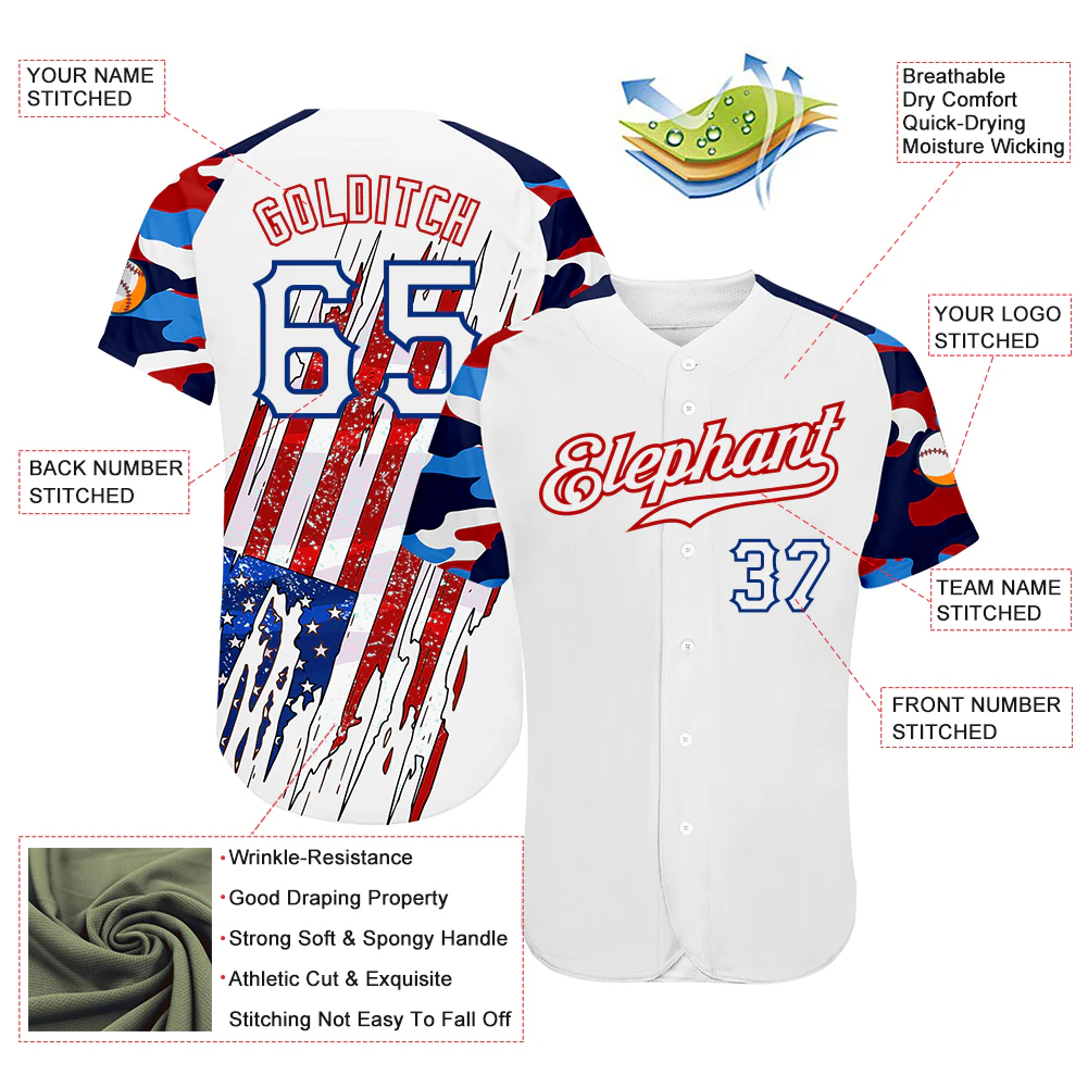 Custom White Red-Royal Patriotic American Flag Camo Raglan Sleeves Authentic Baseball Jersey - Image 3