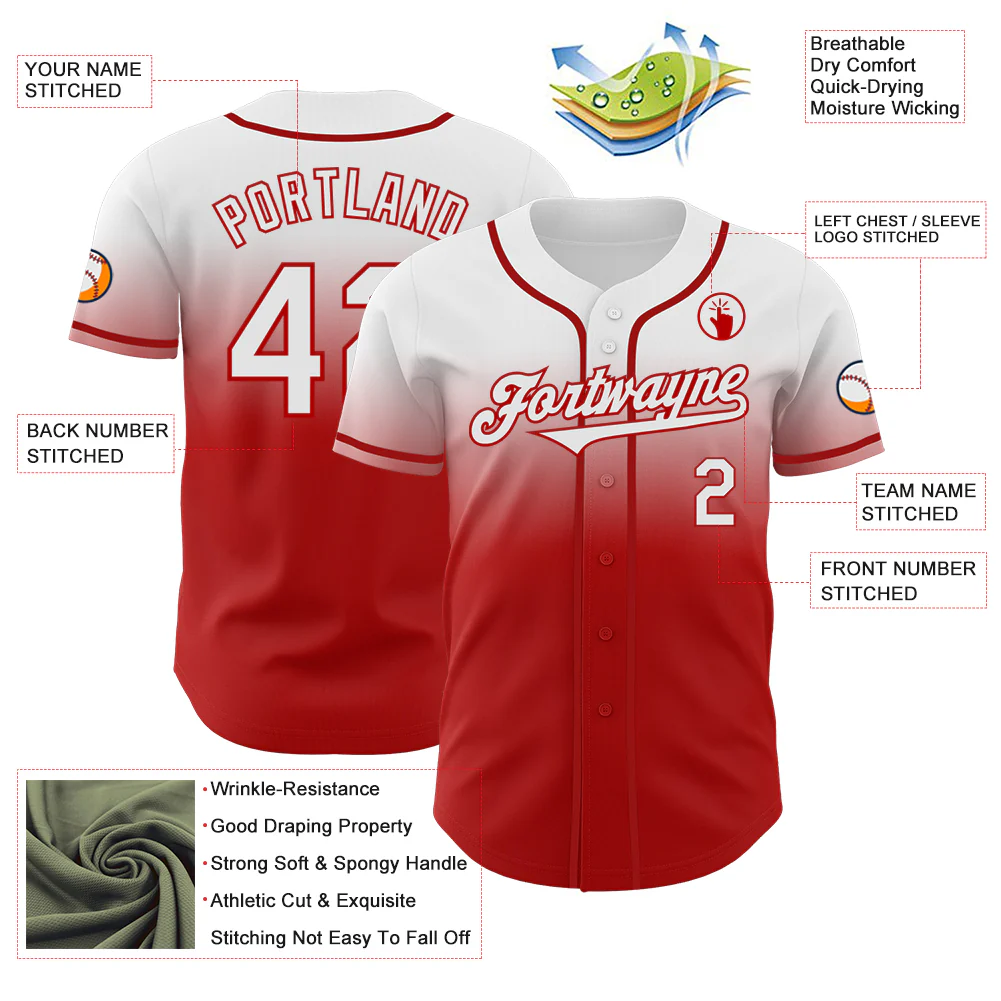 Custom White Red Authentic Fade Fashion Baseball Jersey - Image 3