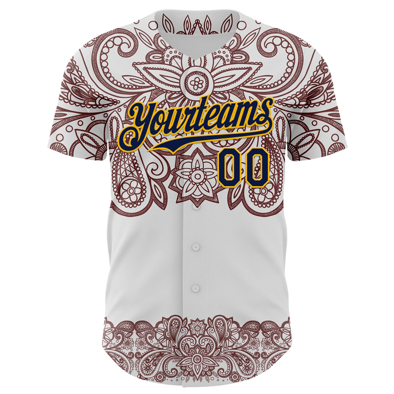 Custom White Navy Red-Yellow 3D Pattern Design Burner Costumes Paisley Bandana Authentic Baseball Jersey - Image 2