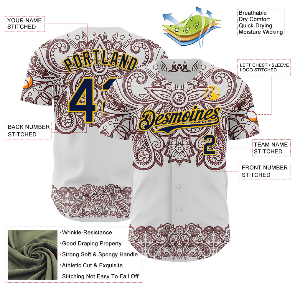 Custom White Navy Red-Yellow 3D Pattern Design Burner Costumes Paisley Bandana Authentic Baseball Jersey - Image 3