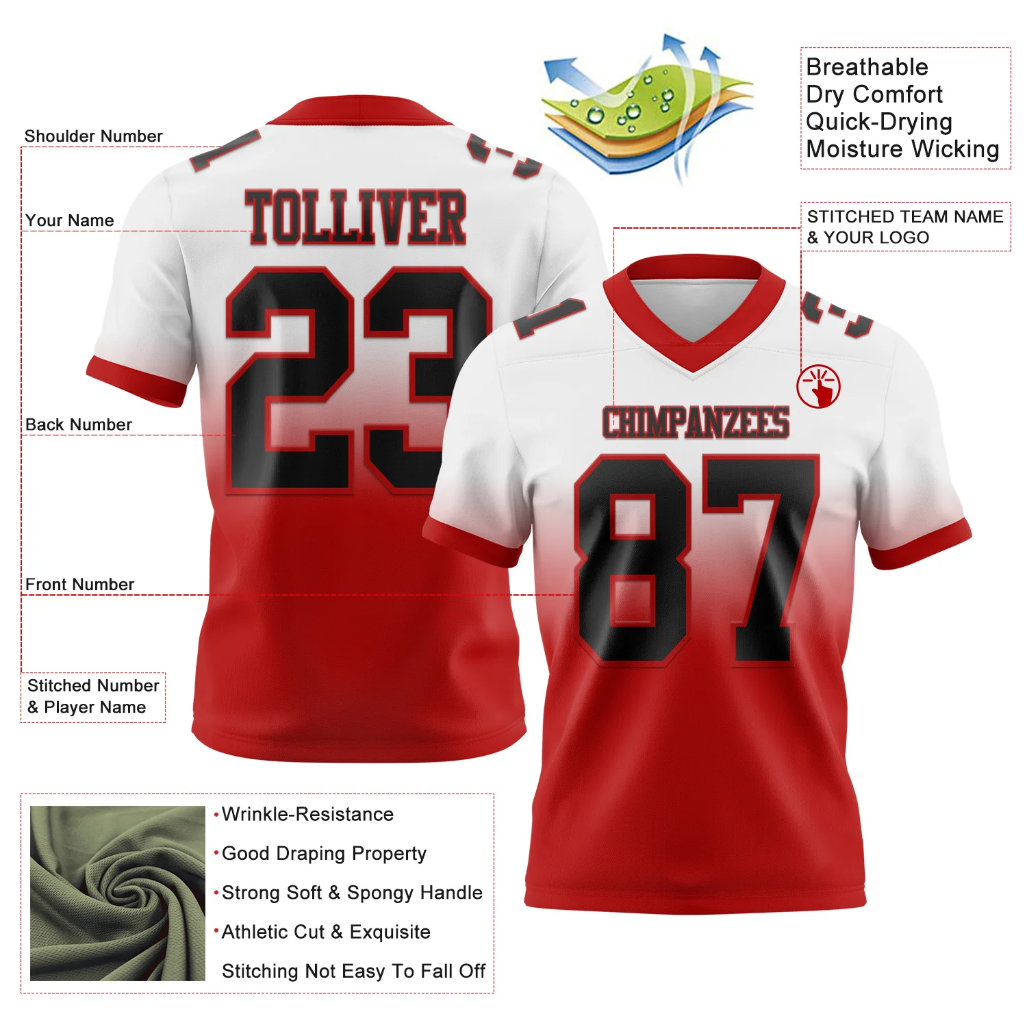 Custom White Black-Red Authentic Fade Fashion Football Jersey - Image 2