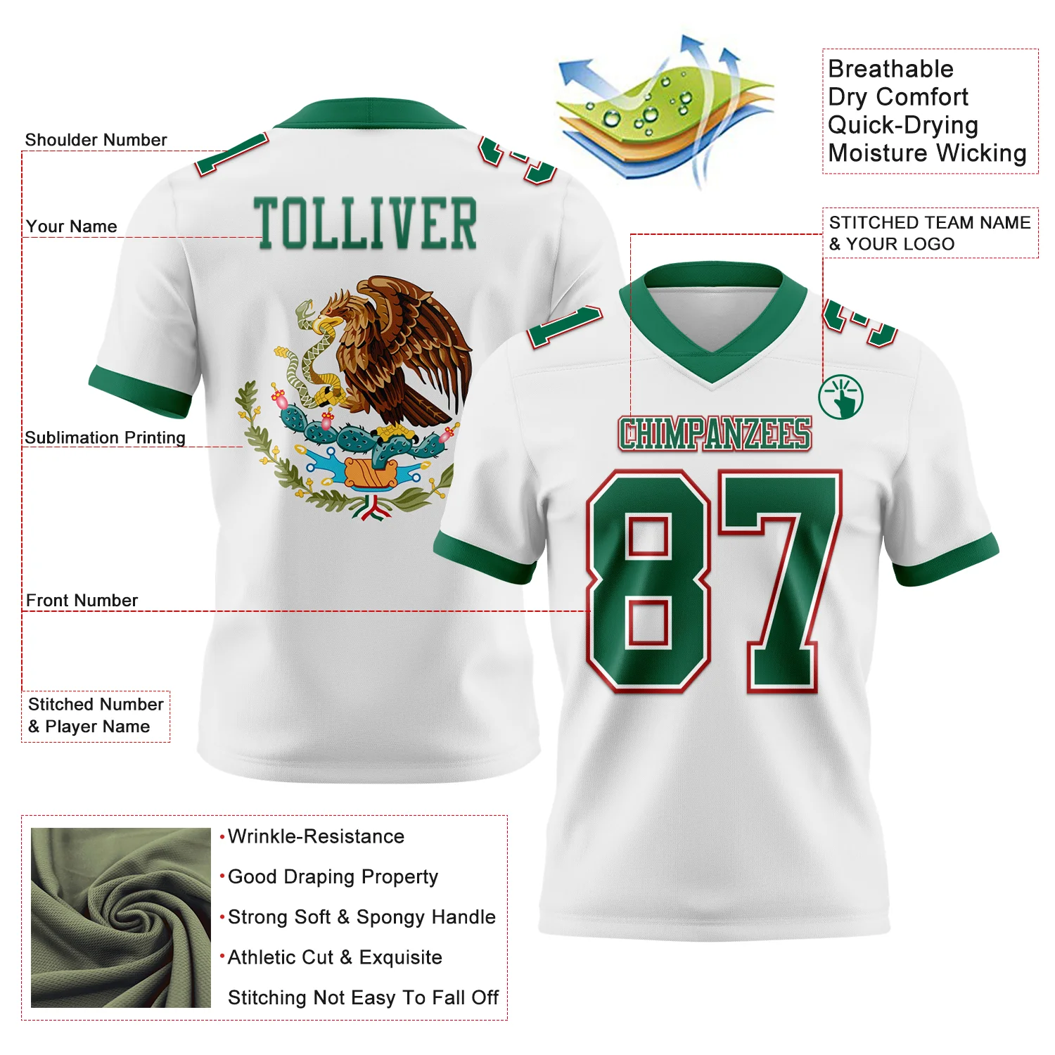 Custom White Kelly Green-Red 3D Pattern Mexico Authentic Football Jersey - Image 3