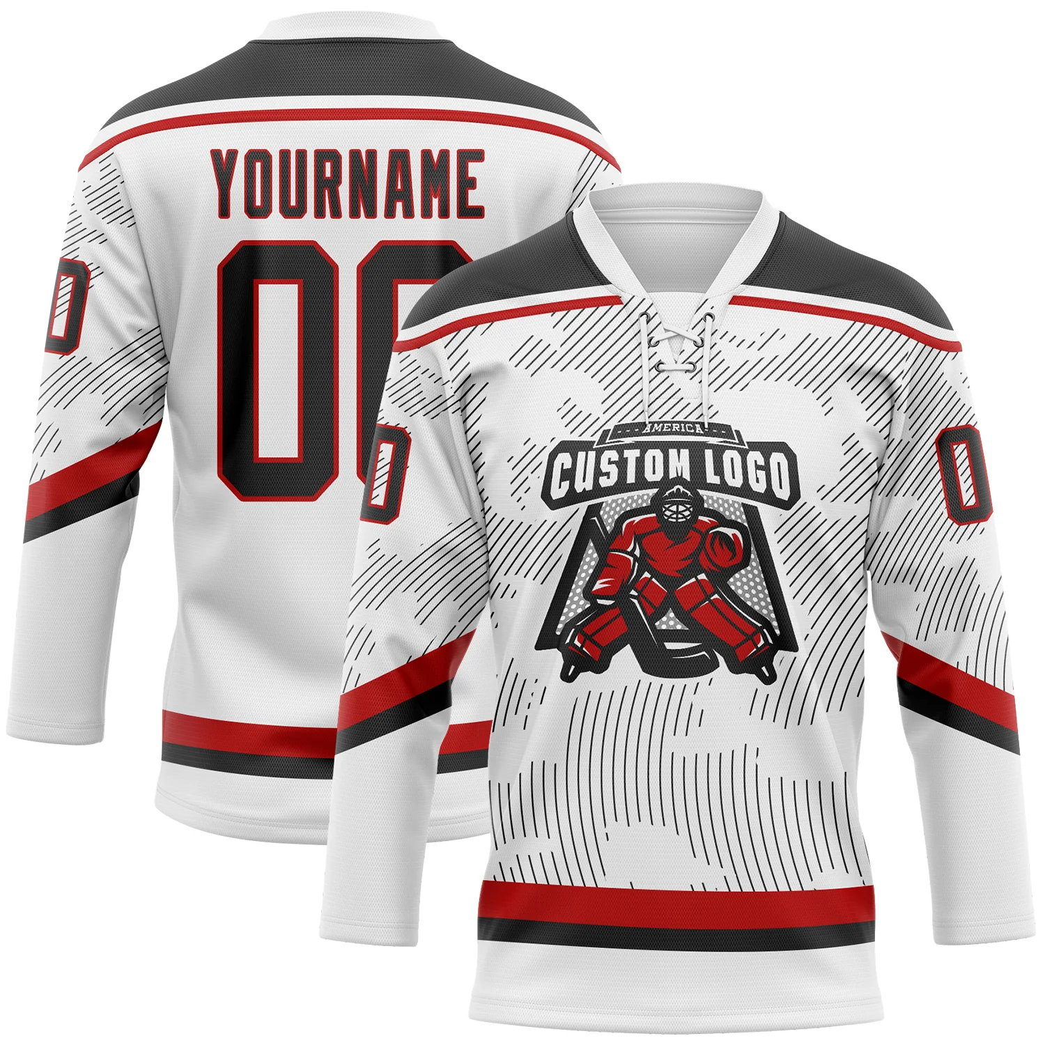 Custom White Black-Red 3D Pattern Curve Lines Hockey Lace Neck Jersey - Image 2