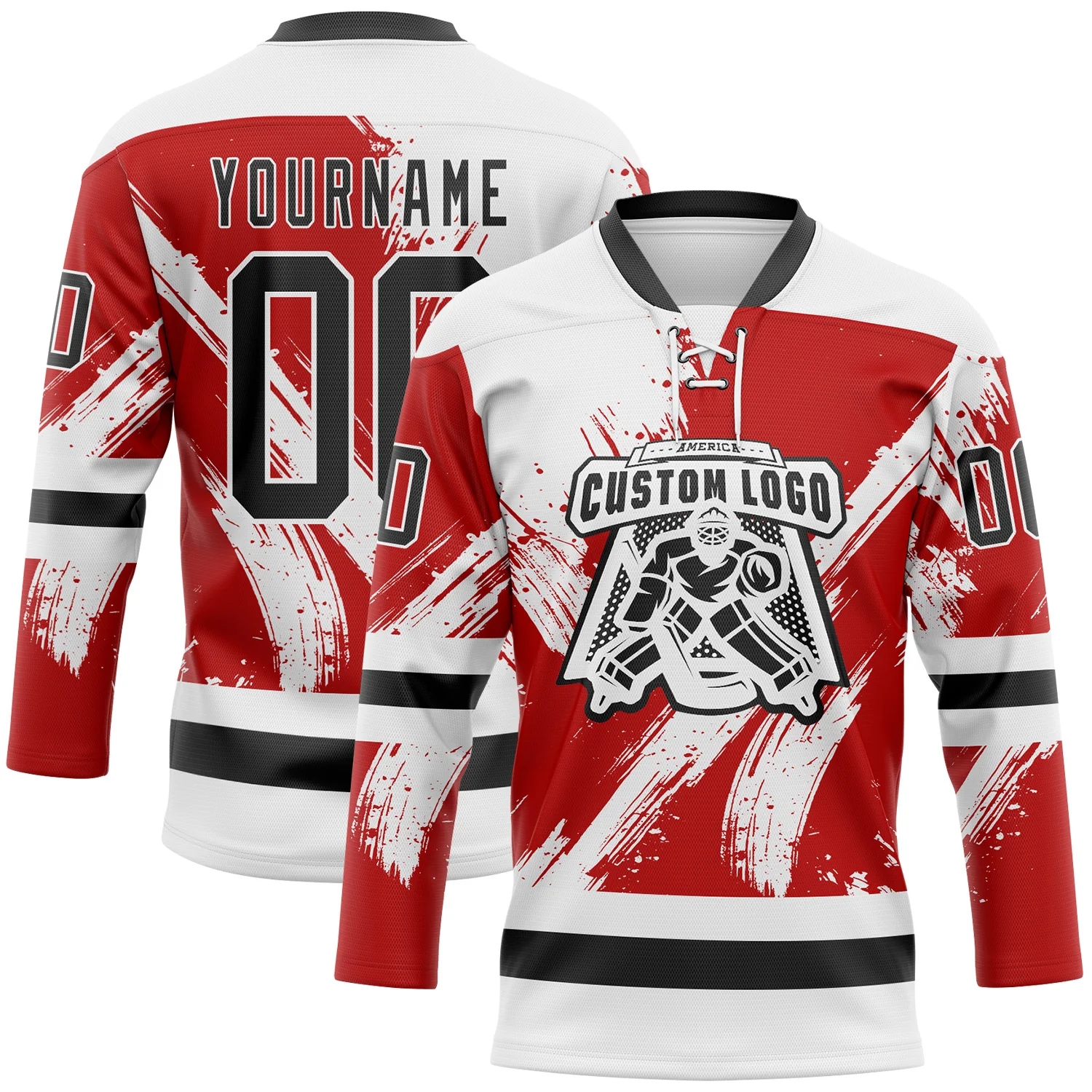 Custom White Black-Red Abstract Splatter Paint Hockey Lace Neck Jersey - Image 2