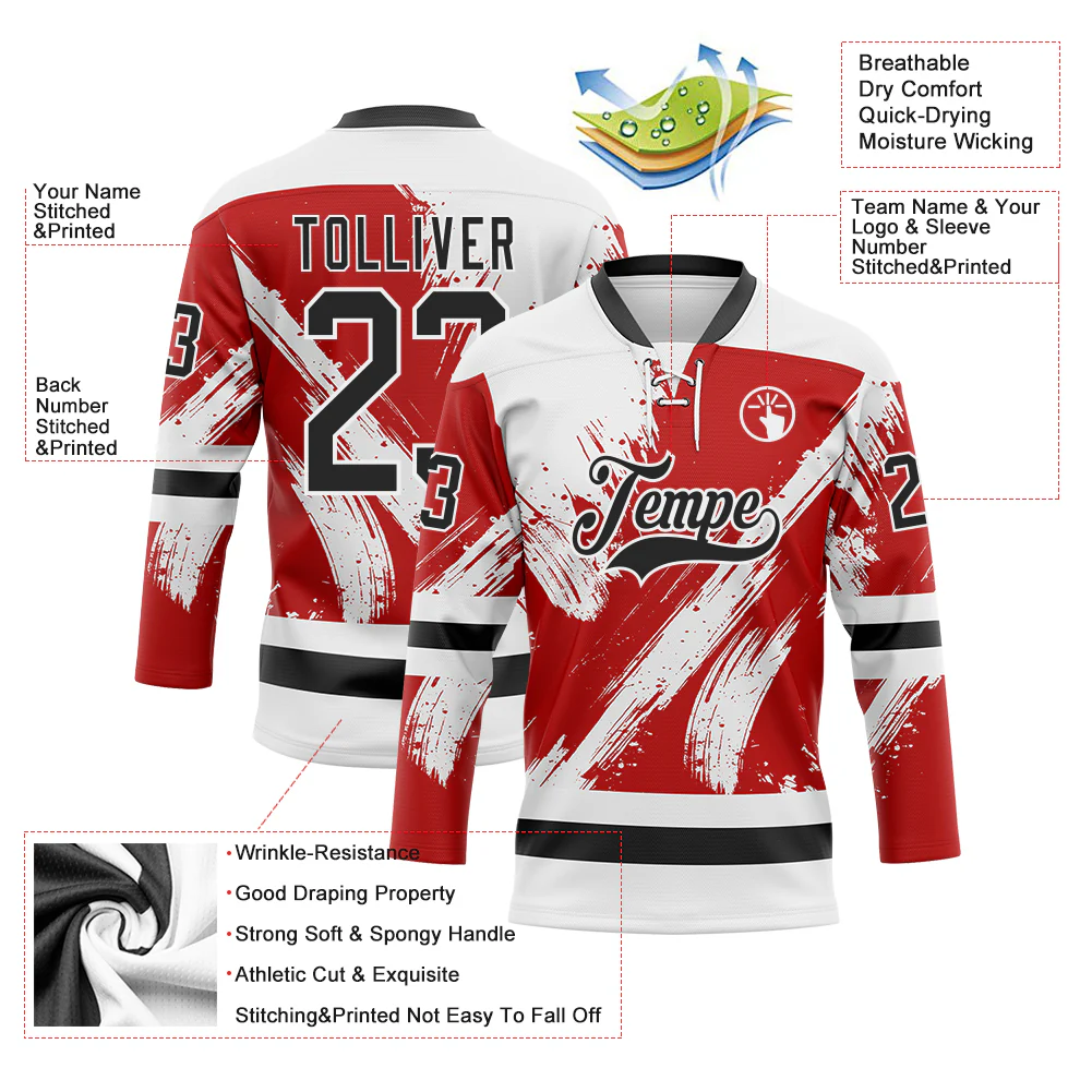 Custom White Black-Red Abstract Splatter Paint Hockey Lace Neck Jersey - Image 5