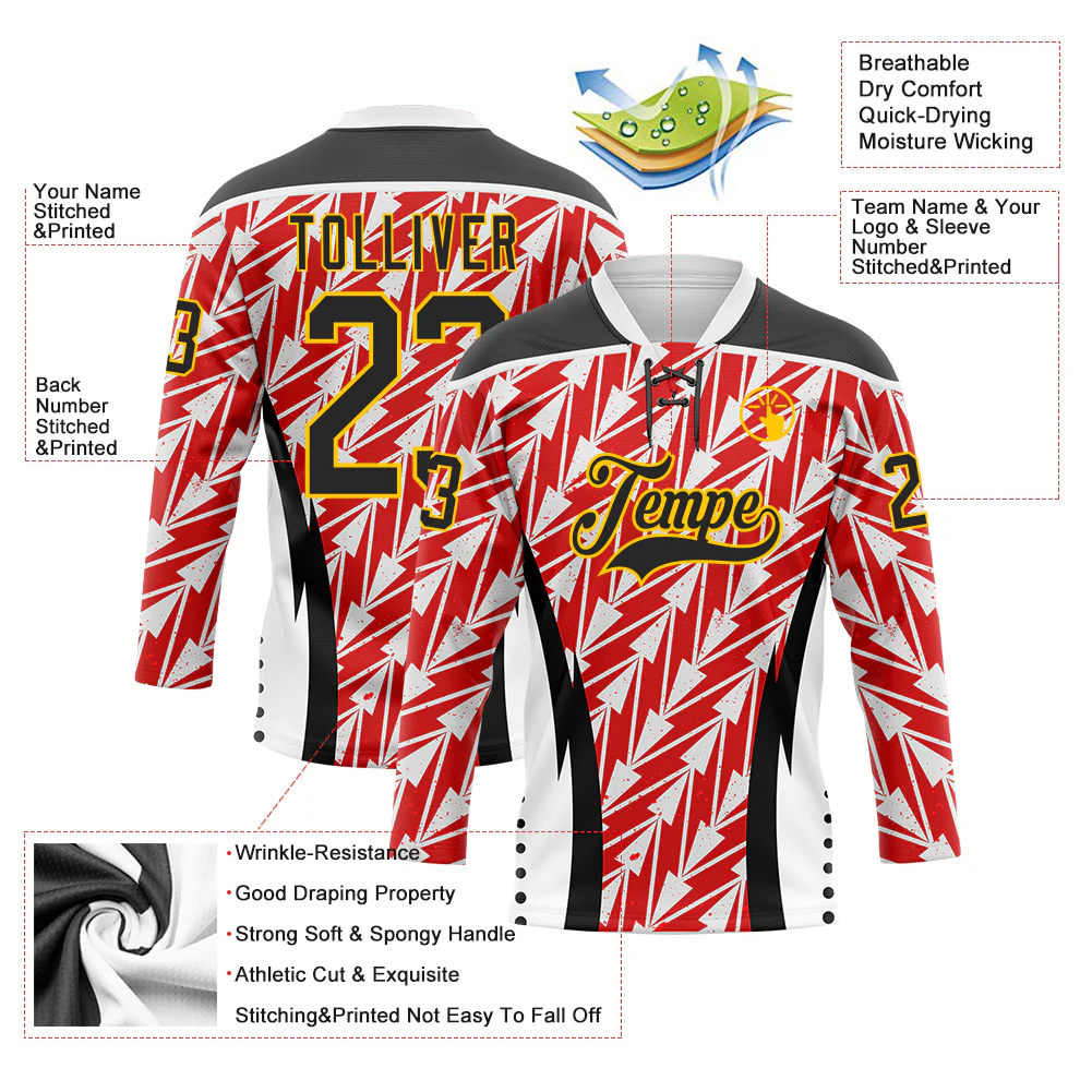 Custom White Black Red Yellow-White Abstract Pattern Graphic Cyber Mecha E-sport Hockey Lace Neck Jersey - Image 5