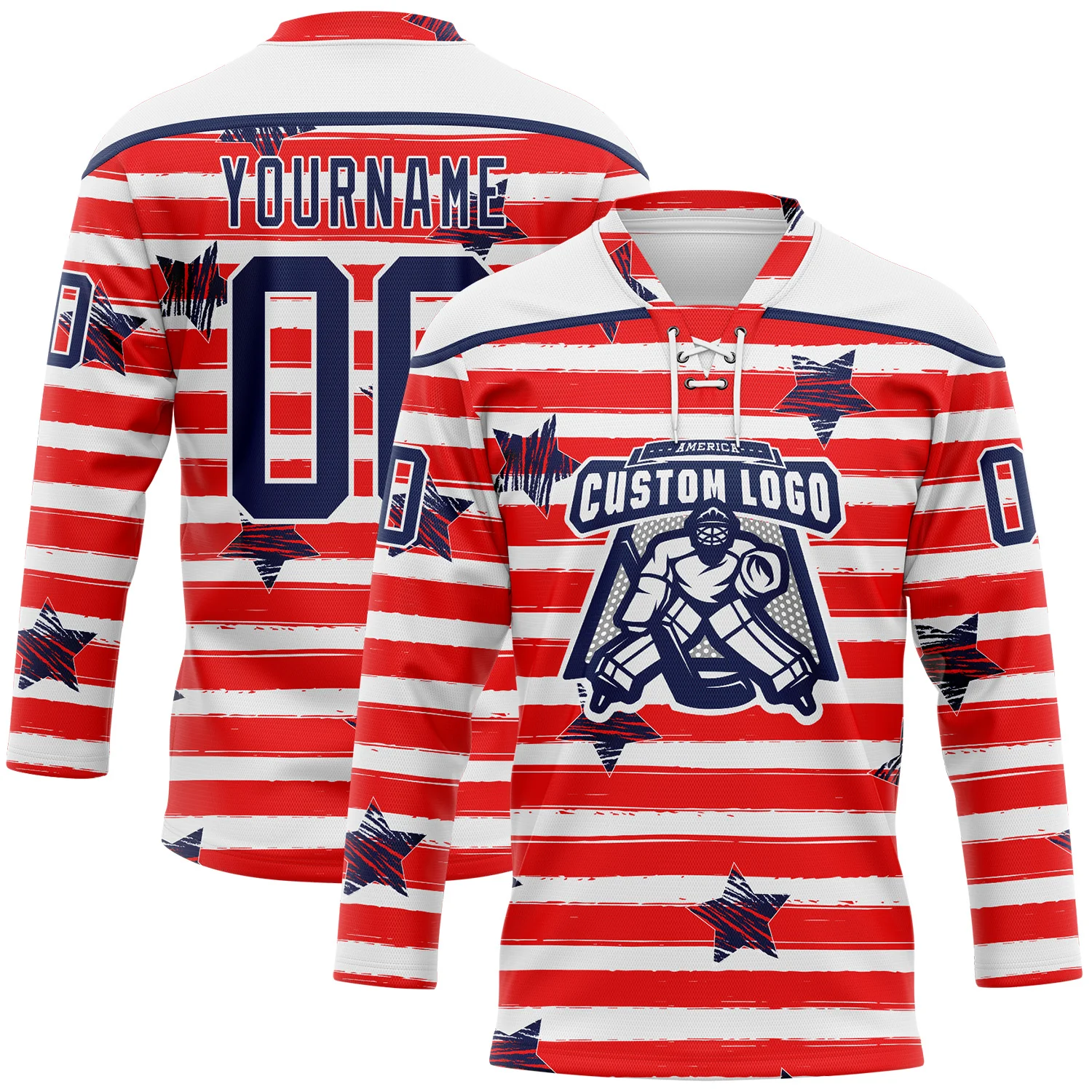 Custom White Navy Red-White American Flag Hockey Lace Neck Jersey - Image 2