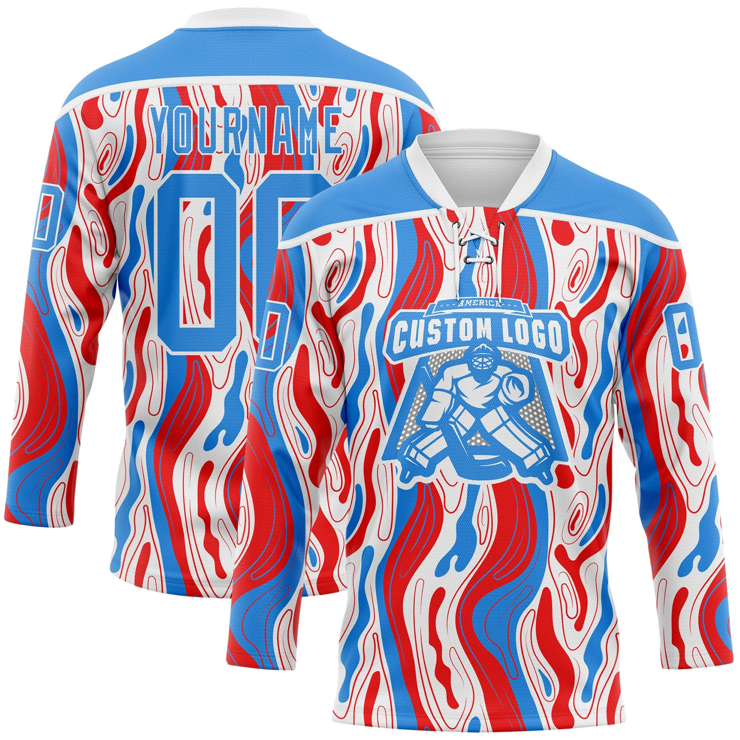 Custom White Powder Blue-Red American Flag Hockey Lace Neck Jersey - Image 2
