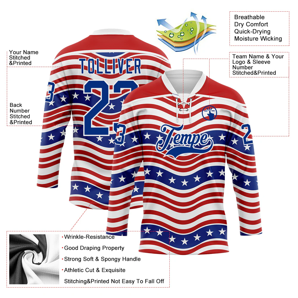 Custom White Royal-Red American Flag Hockey Lace Neck Jersey - Image 5