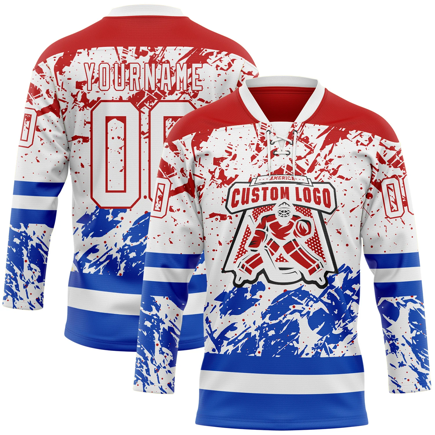 Custom White Red-Thunder Blue Abstract Splatter Paint Hockey Lace Neck Jersey - Image 2