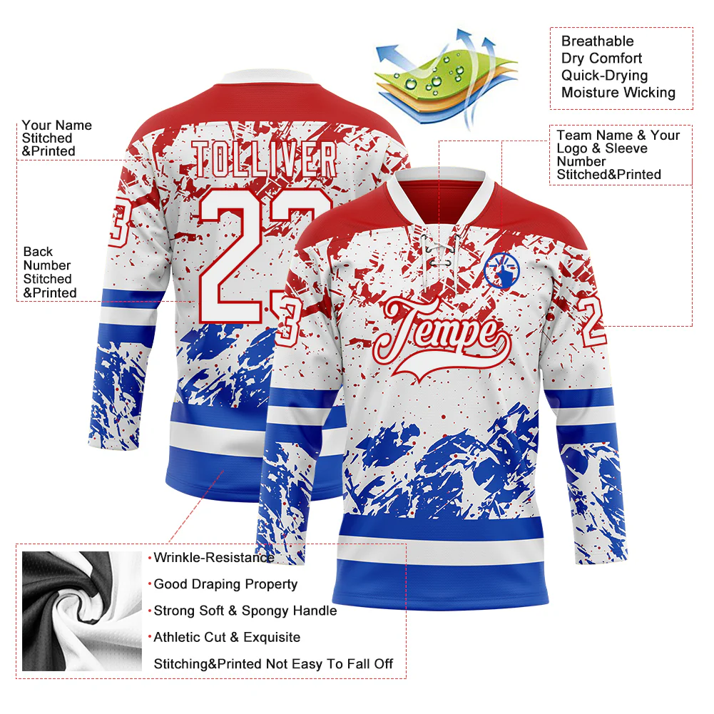 Custom White Red-Thunder Blue Abstract Splatter Paint Hockey Lace Neck Jersey - Image 5