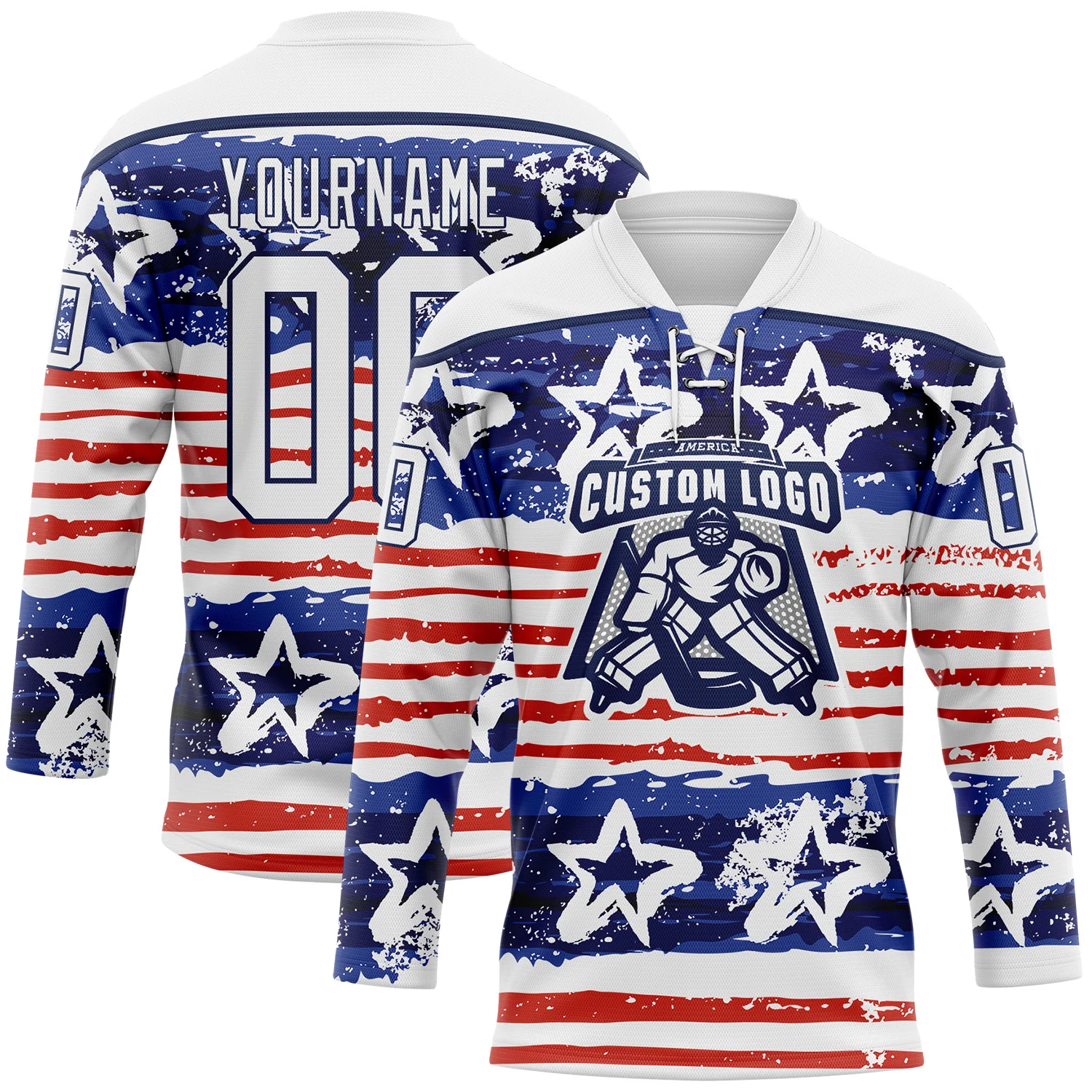 Custom White Red-Navy American Flag Painted Hockey Lace Neck Jersey - Image 2