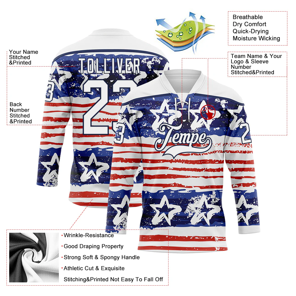 Custom White Red-Navy American Flag Painted Hockey Lace Neck Jersey - Image 5