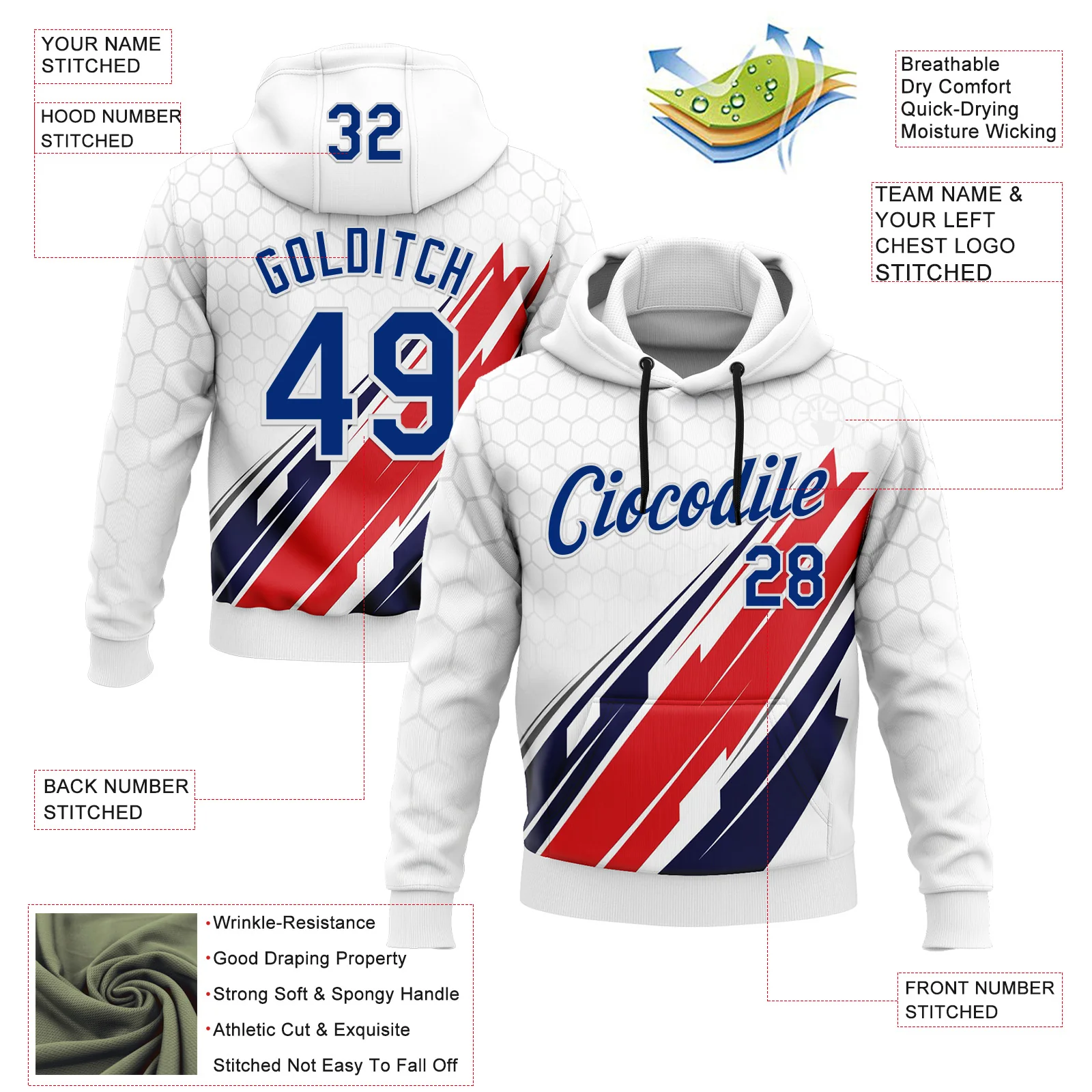 Custom Stitched White Royal-Red 3D Pattern Design American Inspired Abstract Geometric Honeycomb Shape Sportswear Pullover Sweatshirt Hoodie - Image 2