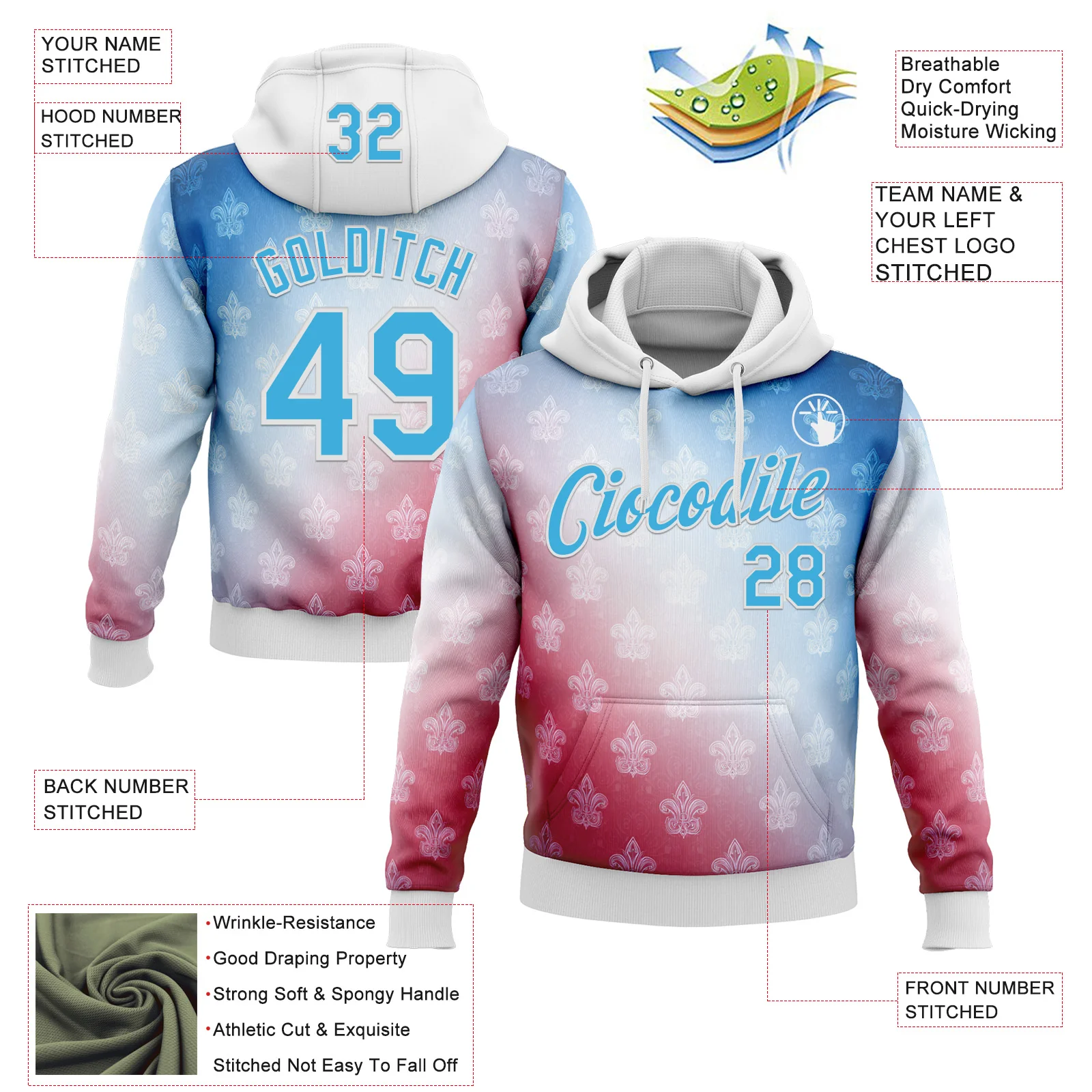 Custom Stitched White Sky Blue Red-Blue 3D Pattern Design American French Inspired Sportswear Pullover Sweatshirt Hoodie - Image 2