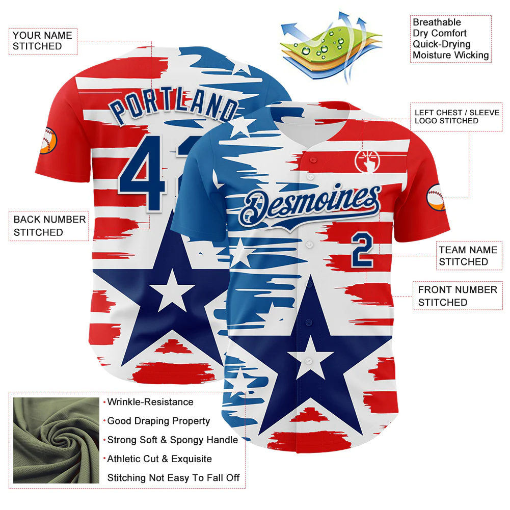 Custom White US Navy Blue-Red 3D Patriotic American Flag Authentic Baseball Jersey - Image 3