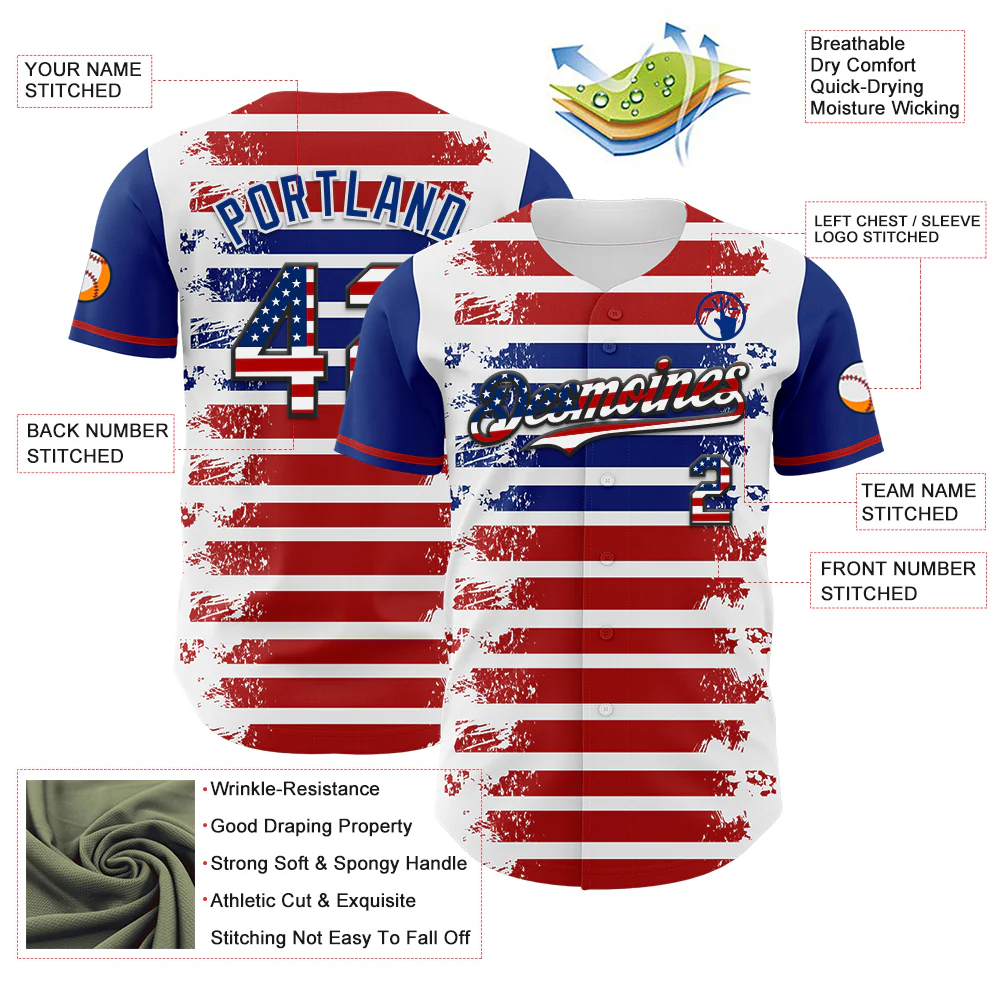 Custom White USA Flag Red Royal-Black 3D Gradient Retro Stripe American Flag Authentic Baseball Jersey - Image 3