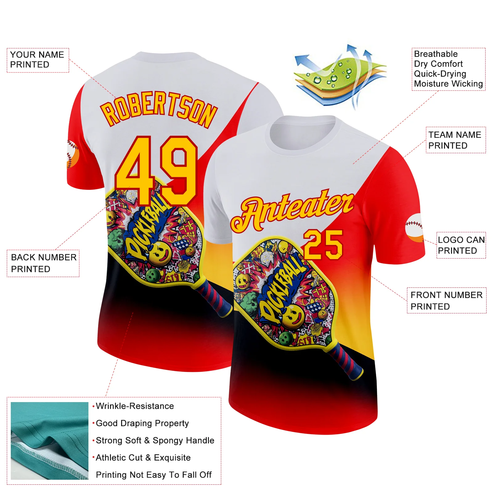 Custom White Yellow-Red 3D Graffiti Pickleball Paddles Balls Performance T-Shirt - Image 2