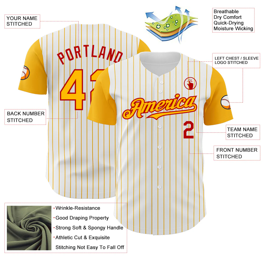 Custom White Gold Pinstripe Red Authentic Two Tone Baseball Jersey - Image 3