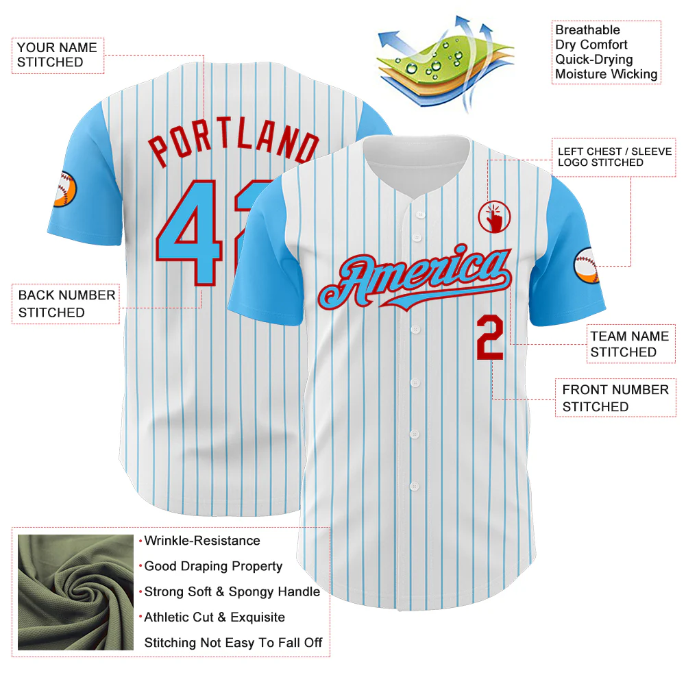 Custom White Sky Blue Pinstripe Red Authentic Two Tone Baseball Jersey - Image 3