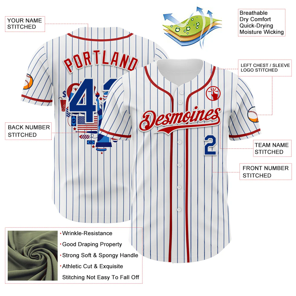 Custom White Blue Pinstripe Royal-Red 3D American Flag National Symbols Authentic Baseball Jersey - Image 3