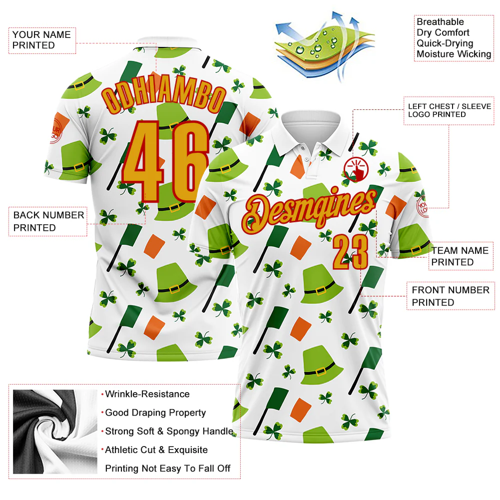 Custom White Gold-Red 3D St. Patrick's Day Shamrock Performance Polo Shirt - Image 3