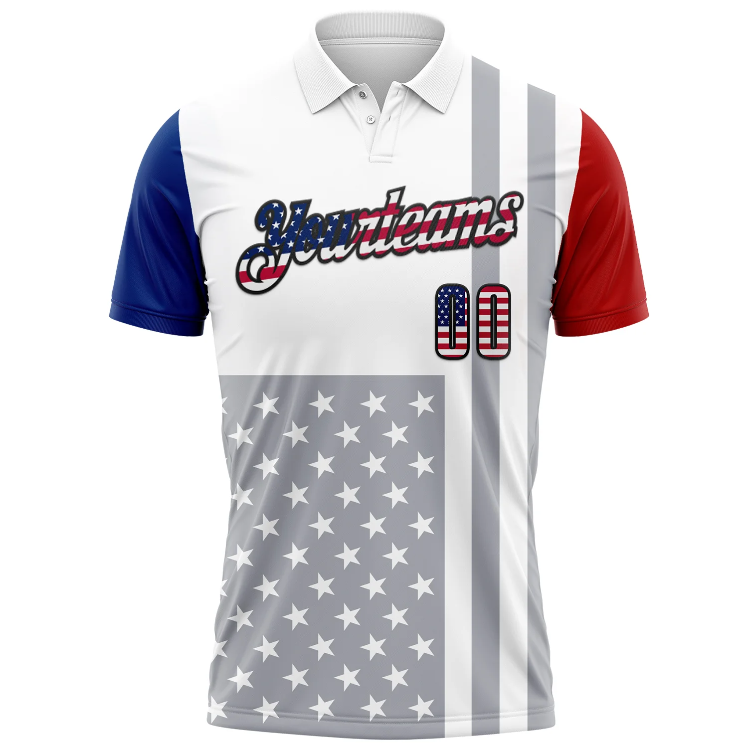 Custom White USA Flag Red Royal Gray-Black 3D Cornhole American Flag Performance Polo Shirt - Image 2