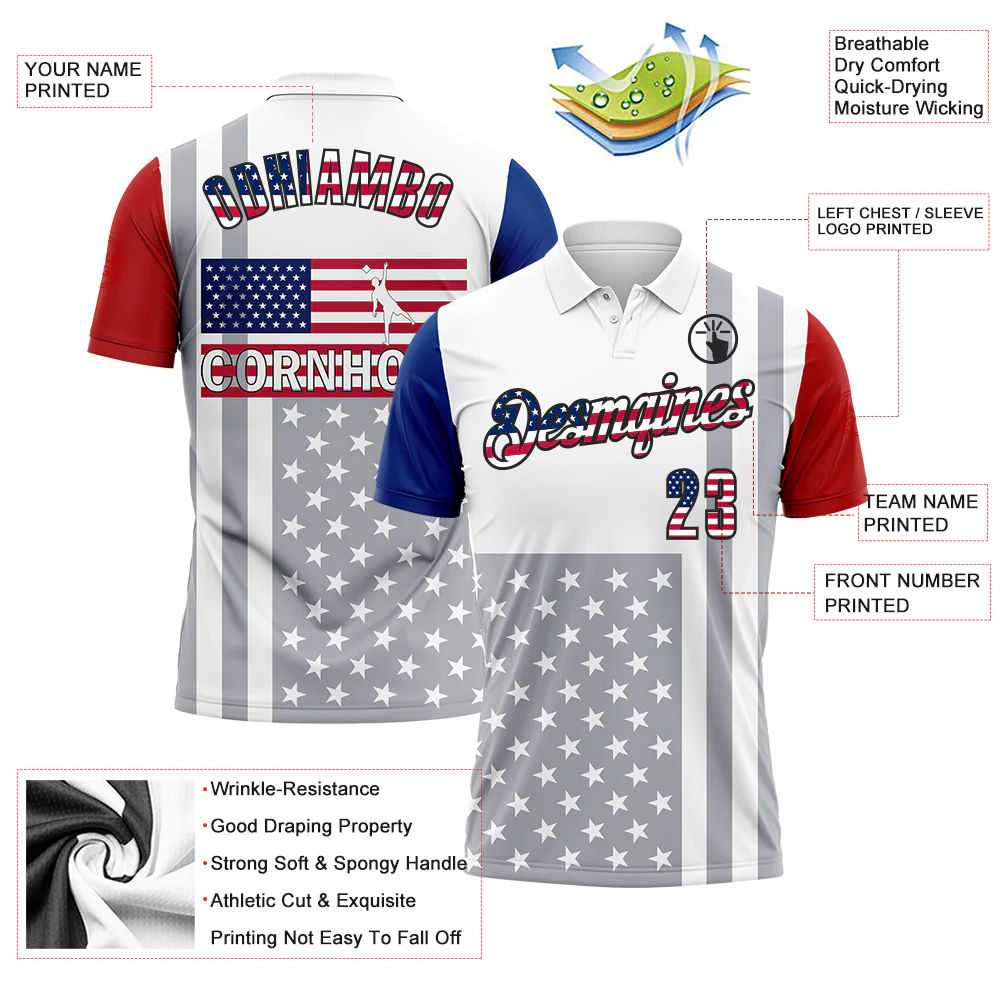 Custom White USA Flag Red Royal Gray-Black 3D Cornhole American Flag Performance Polo Shirt - Image 3