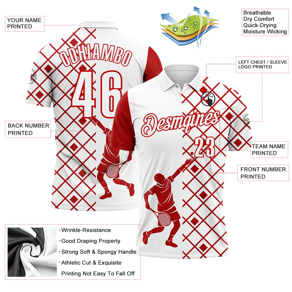 Custom White Red 3D Tennis Performance Polo Shirt - Image 3
