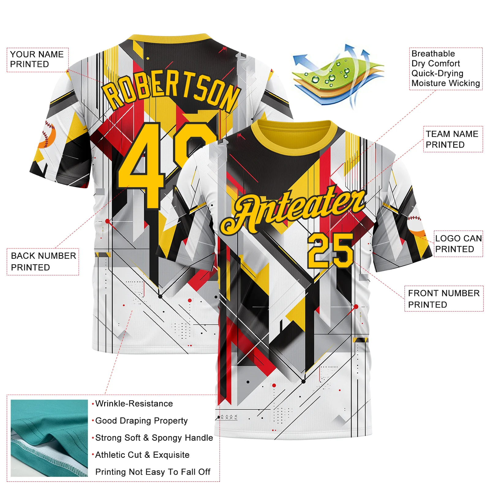 Custom White Yellow Red Black-Gray 3D Pattern Design Germany Geometric Shape Sportswear Performance T-Shirt - Image 2