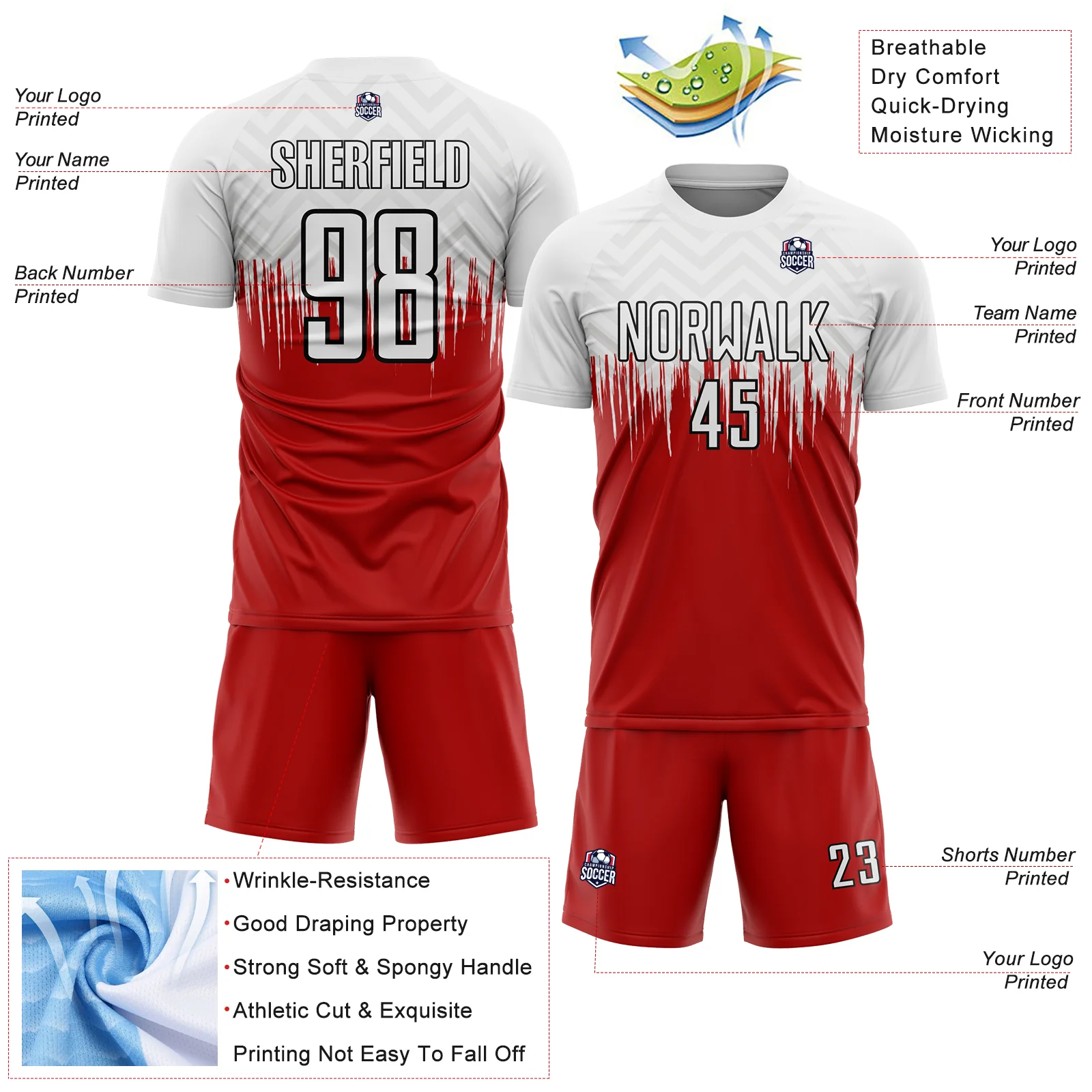 Custom White Red-Black Gradient Dripping Splatter Art Sublimation Soccer Uniform Jersey - Image 4