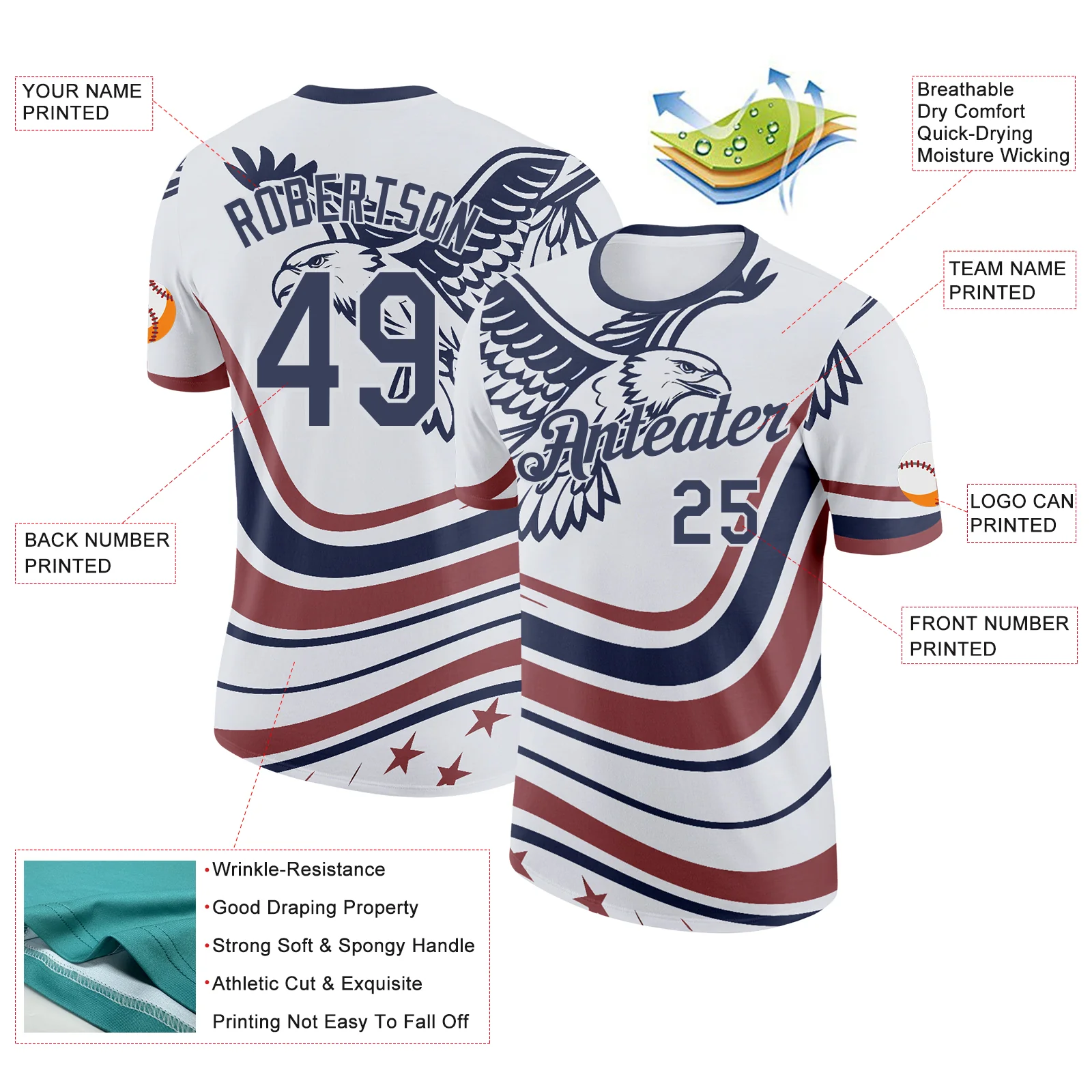 Custom White Blue-Red USA Eagle And Star Soccer Jersey Performance T-Shirt - Image 2