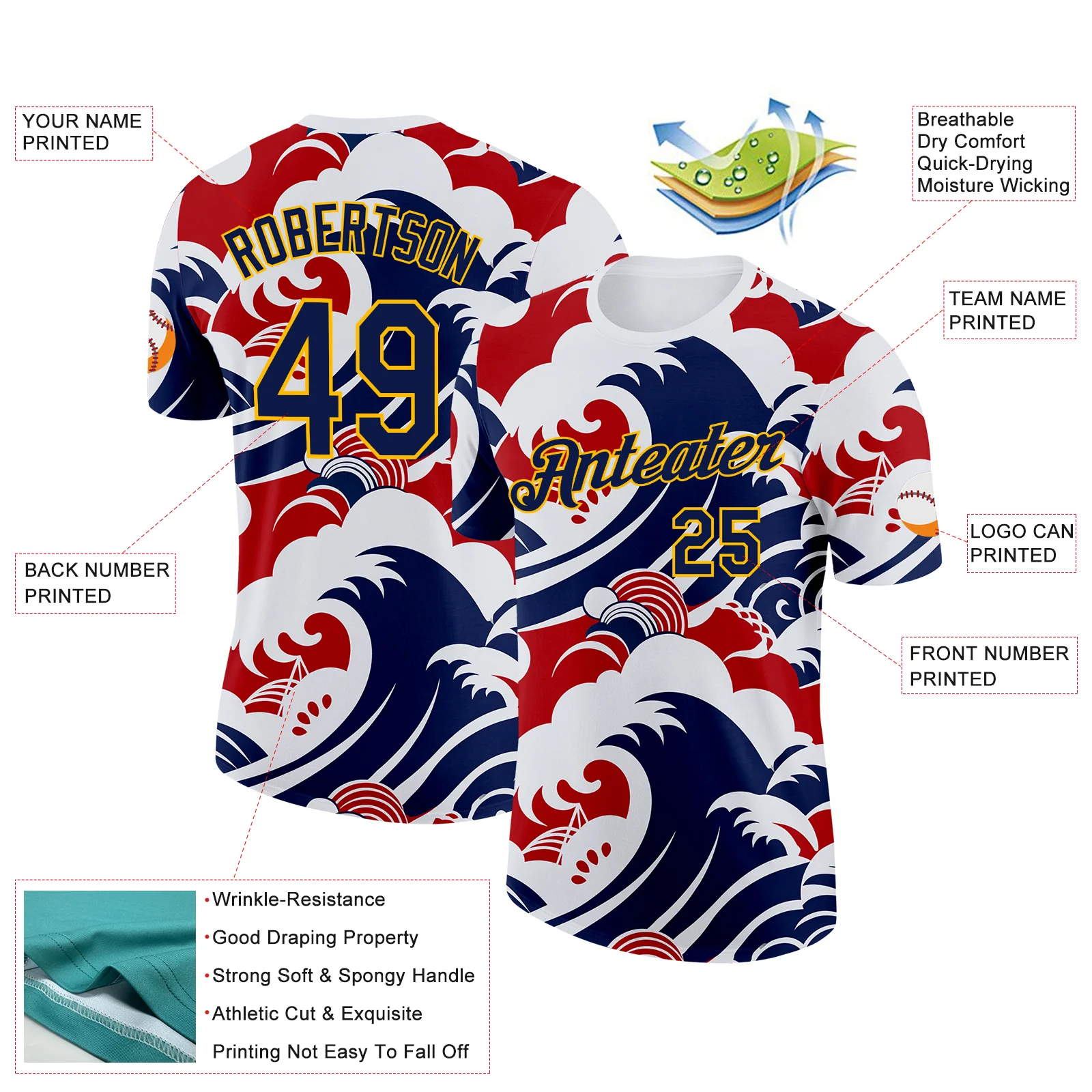 Custom White Navy Red-Gold Netherlands Waves Soccer Jersey Performance T-Shirt - Image 2