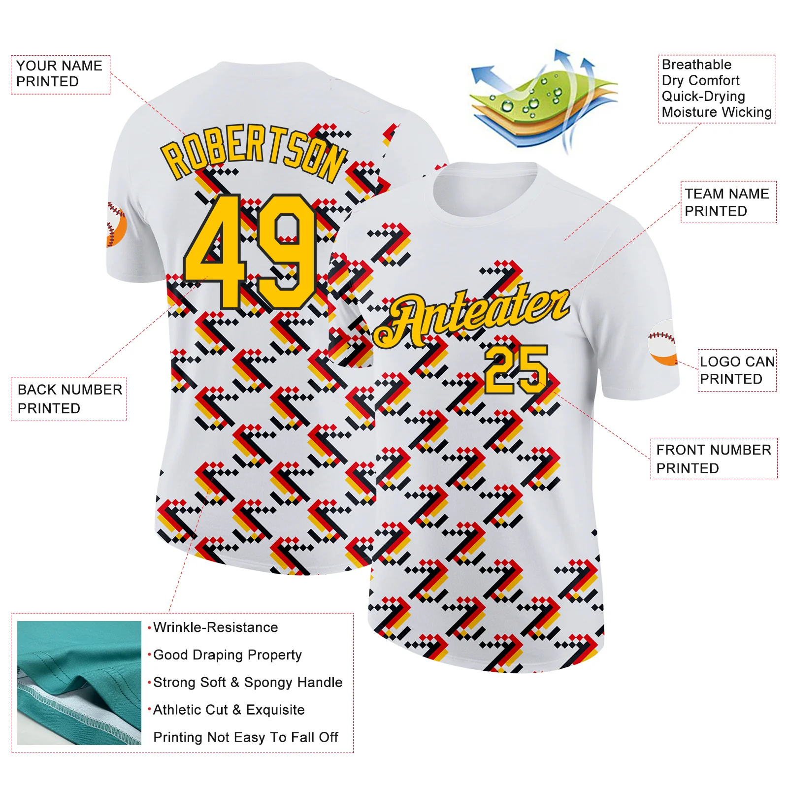 Custom White Yellow Red-Black Germany Geometric Soccer Jersey Performance T-Shirt - Image 2