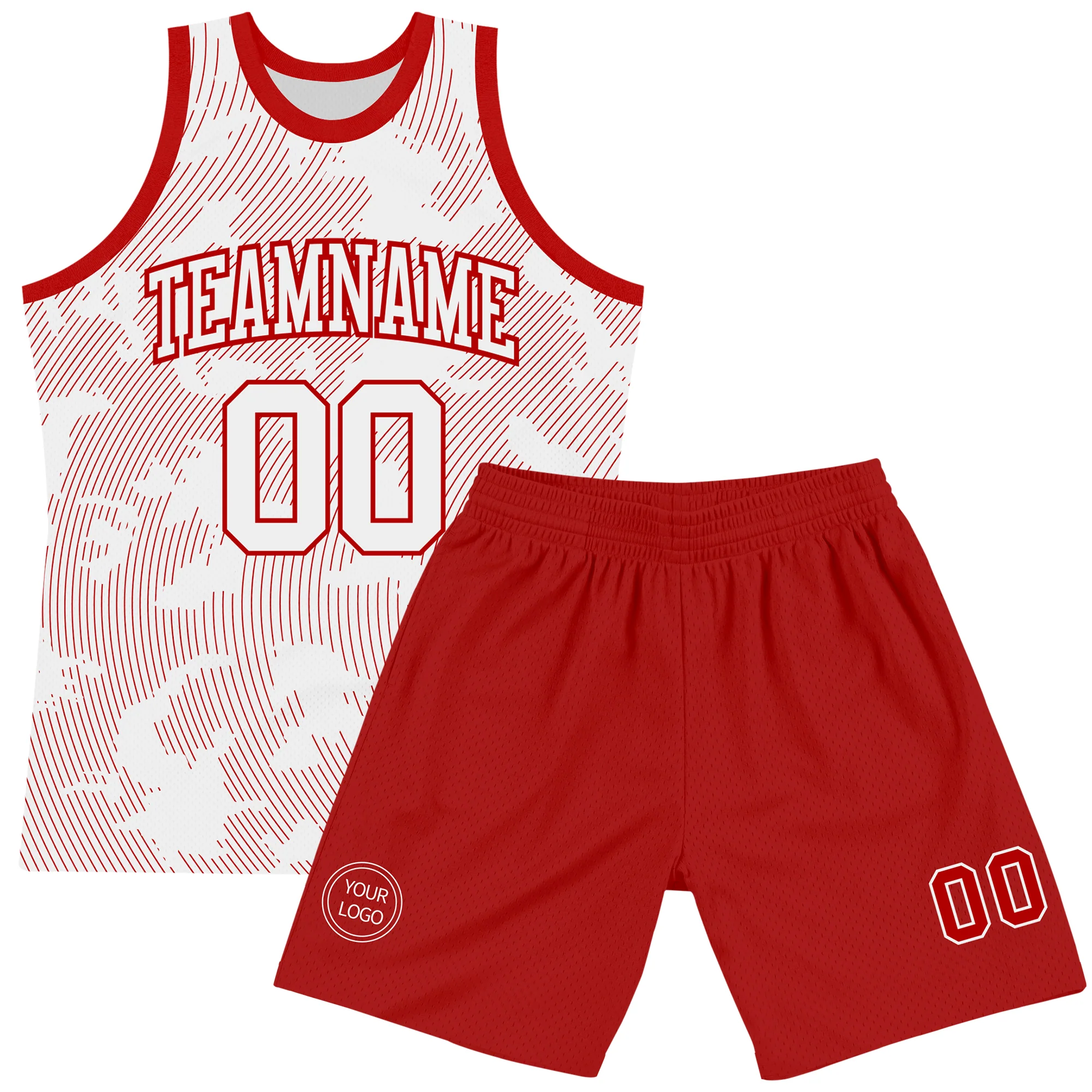 Custom White Red Curve Lines Round Neck Sublimation Basketball Suit Jersey - Image 2