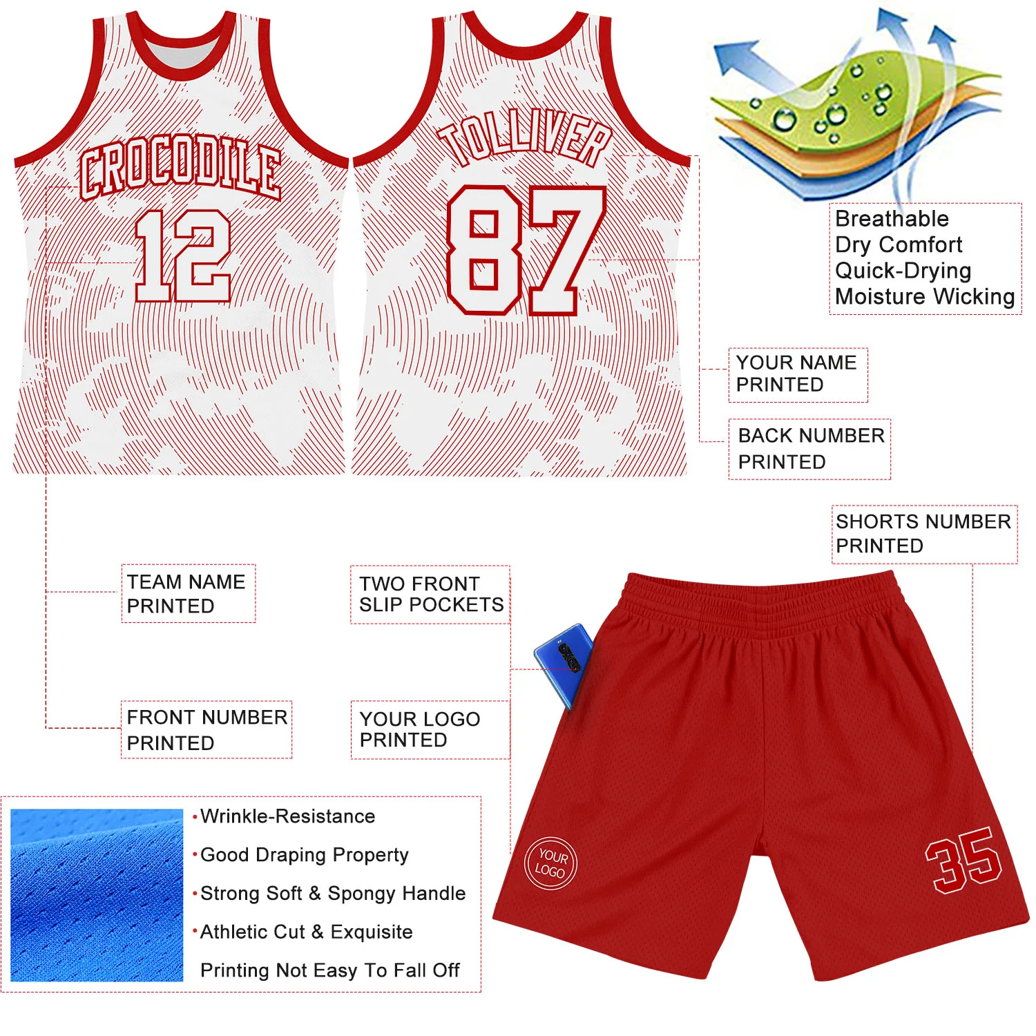 Custom White Red Curve Lines Round Neck Sublimation Basketball Suit Jersey - Image 3