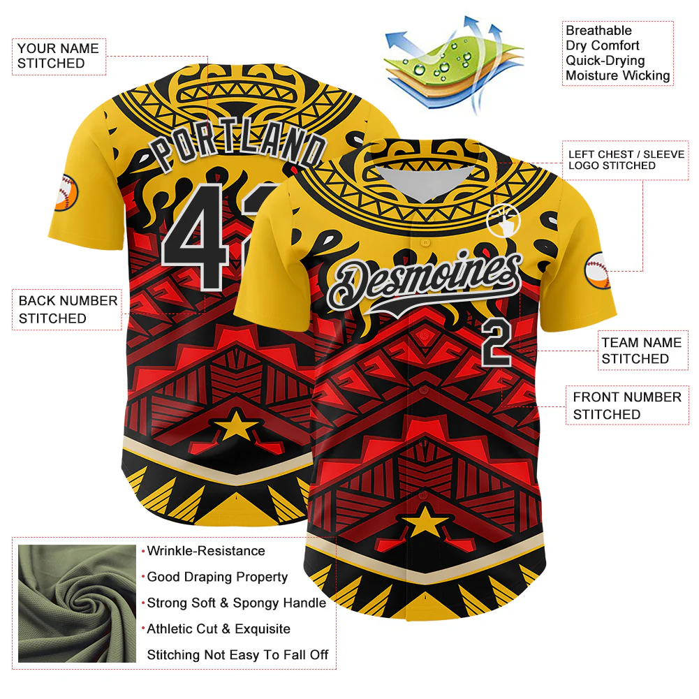 Custom Yellow Black Red-White 3D Pattern Design Rave Party Tribal Authentic Baseball Jersey - Image 3