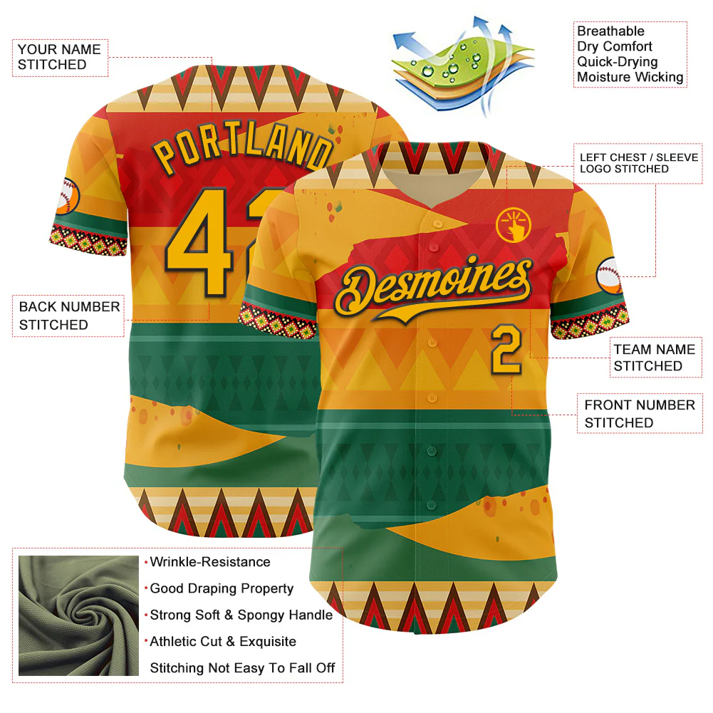Custom Yellow Gold Red Green-Black Black History Month Africa Tribal Authentic Baseball Jersey - Image 3