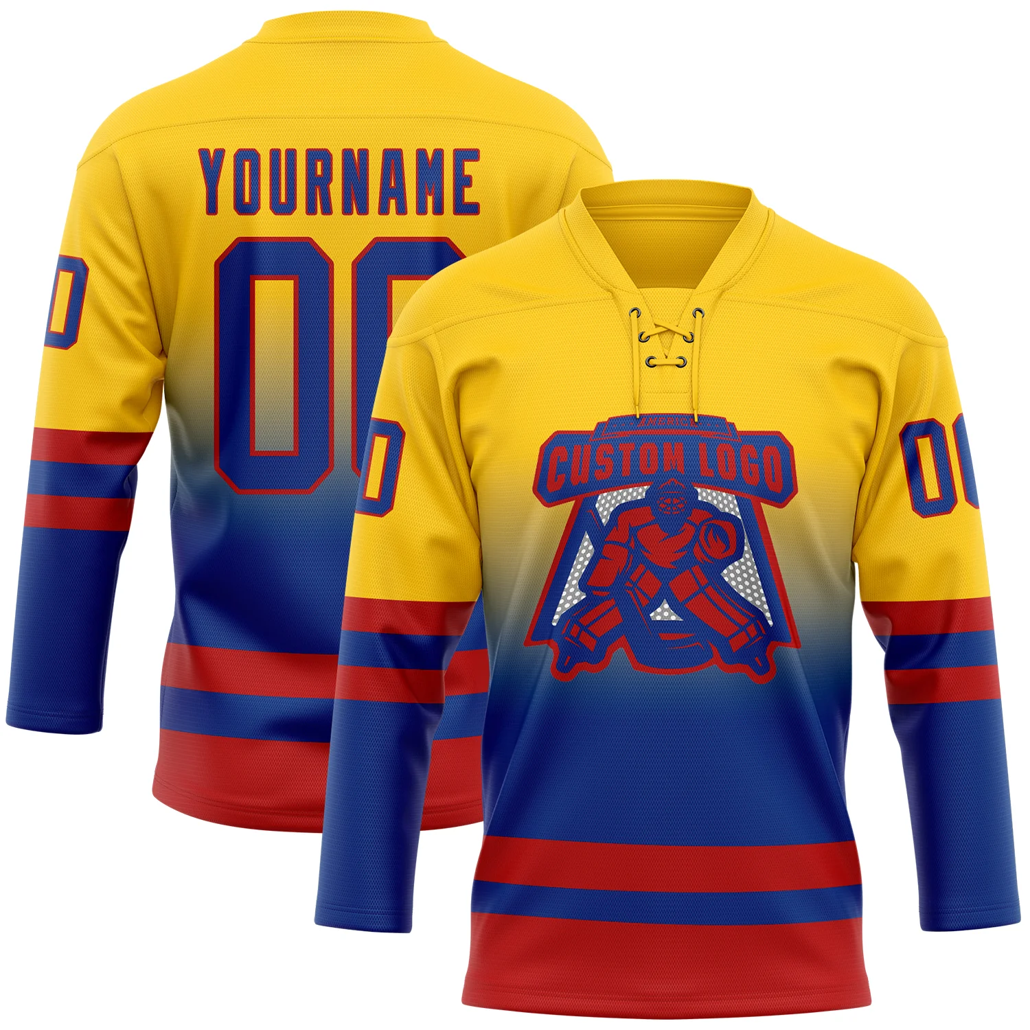 Custom Yellow Royal-Red Fade Fashion Hockey Lace Neck Jersey - Image 2