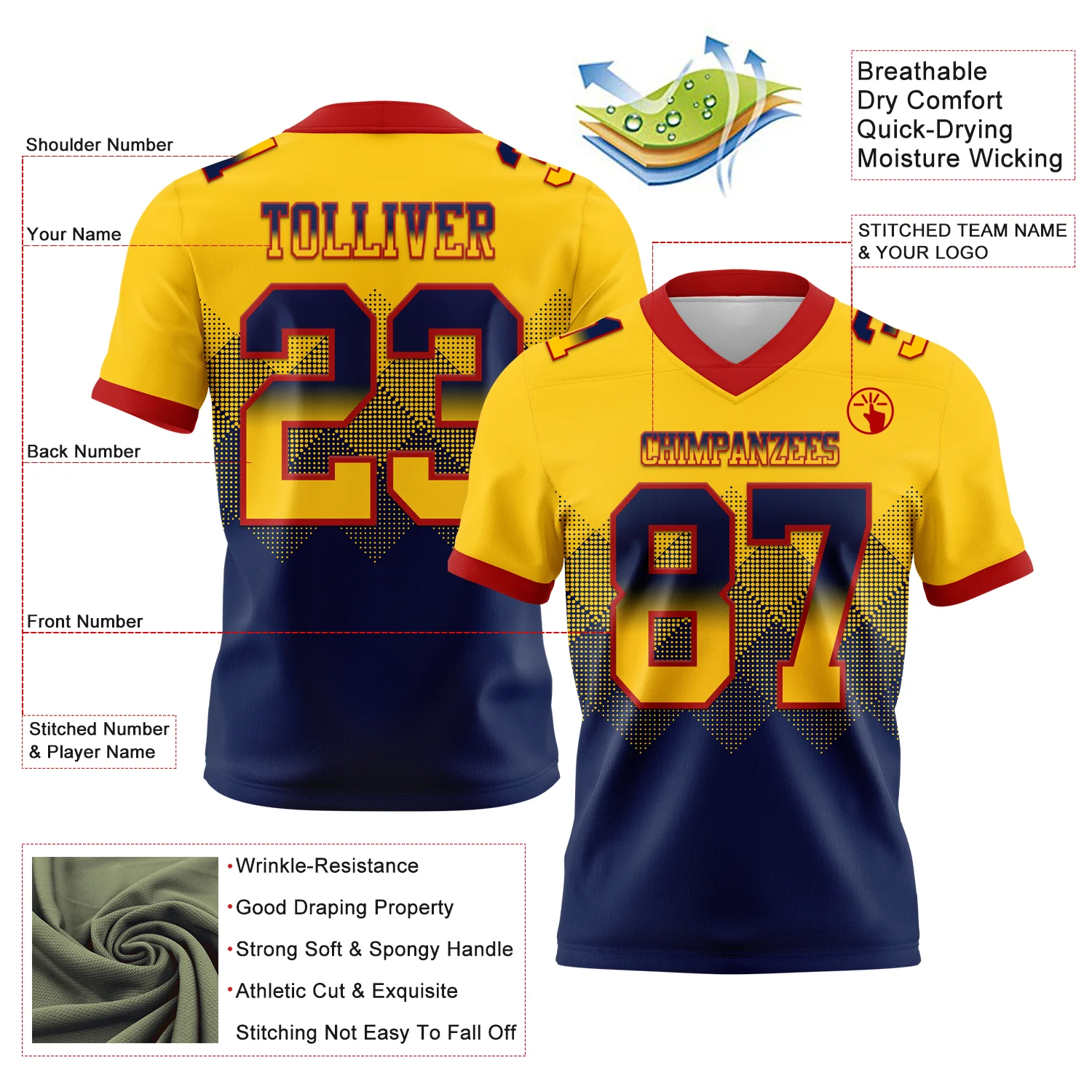 Custom Yellow Navy-Red Authentic Gradient Square Shape Flag Football Jersey - Image 2