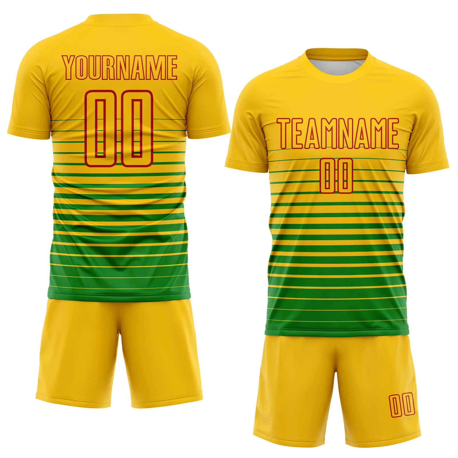 Custom Yellow Red-Grass Green Gradient Pinstripe Sublimation Soccer Uniform Jersey - Image 2