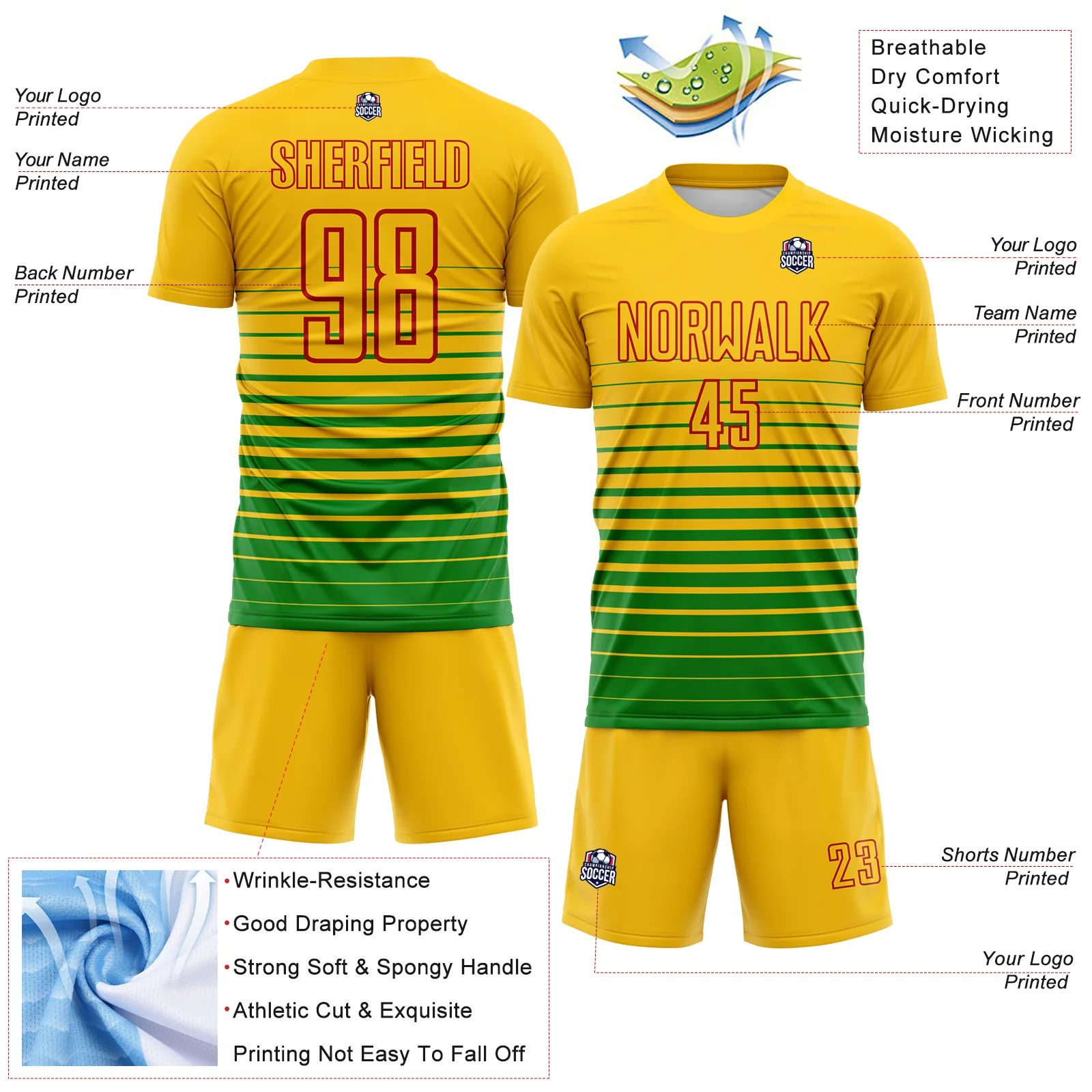 Custom Yellow Red-Grass Green Gradient Pinstripe Sublimation Soccer Uniform Jersey - Image 4