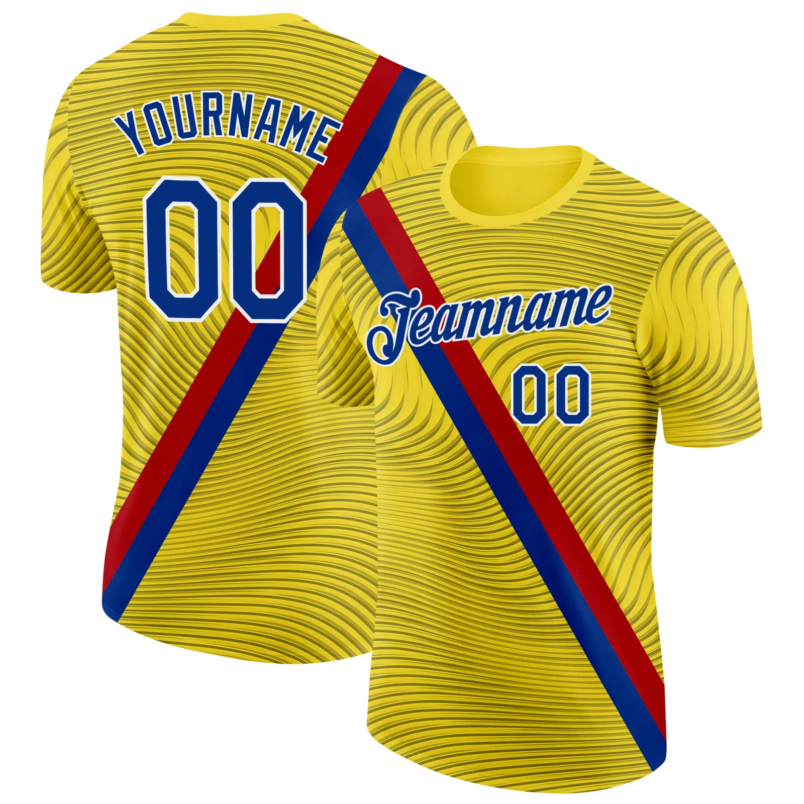 Custom Yellow Royal Red-White Spain Wave Stripe Soccer Jersey Performance T-Shirt