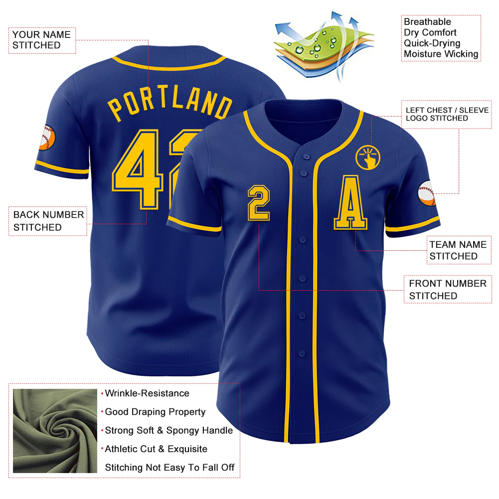 Custom Royal Yellow Authentic Baseball Jersey - Image 2