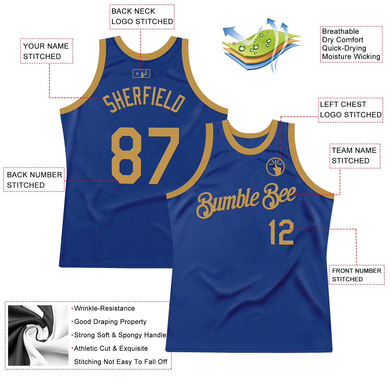 Custom Royal Old Gold Authentic Throwback Basketball Jersey - Image 2
