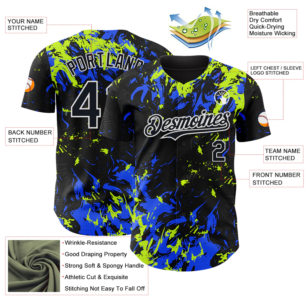 Custom Black Royal Neon Green-White Splash Authentic Baseball Jersey - Image 3