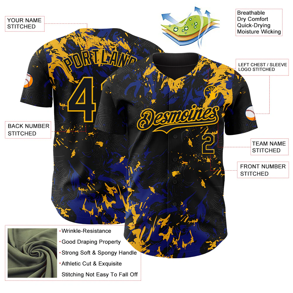 Custom Black Royal-Gold Splash Authentic Baseball Jersey - Image 3
