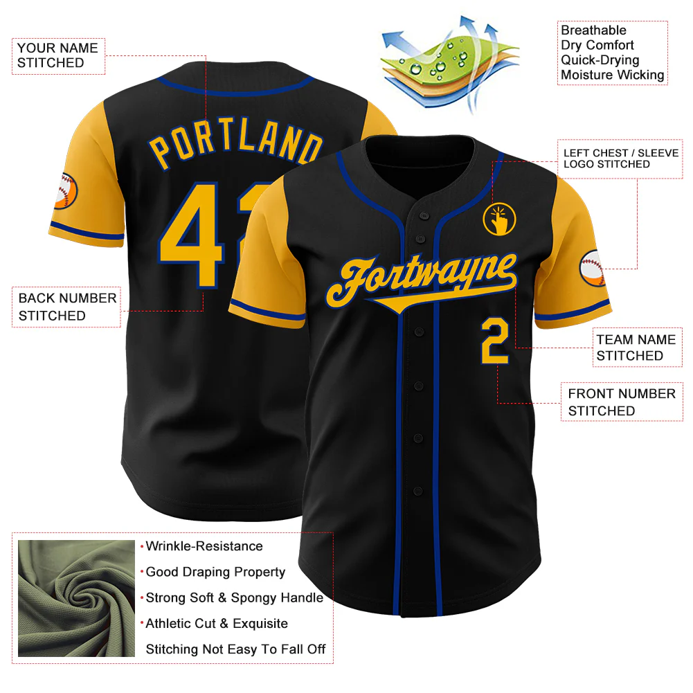 Custom Black Gold-Royal Authentic Two Tone Baseball Jersey - Image 3